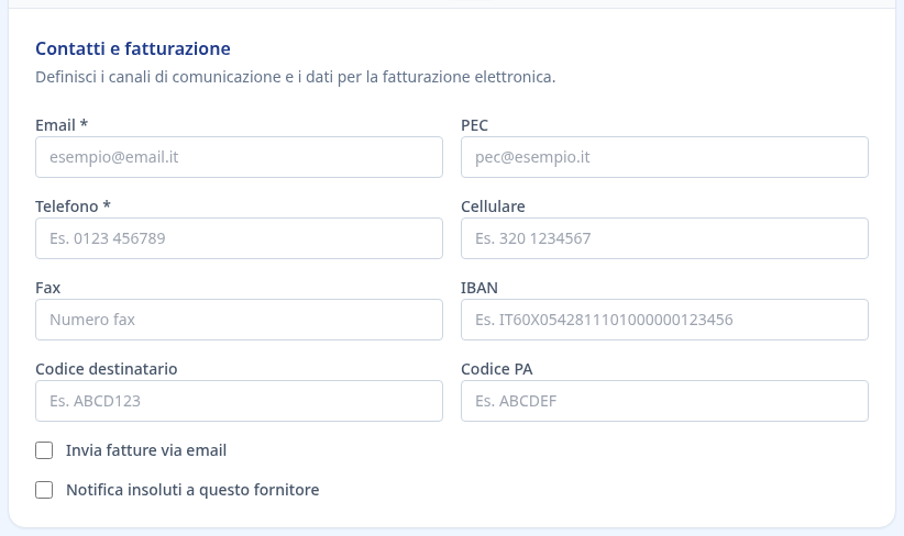 Tab contatti e fatturazione fornitore