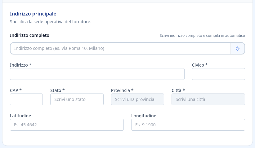 Tab indirizzo fornitore